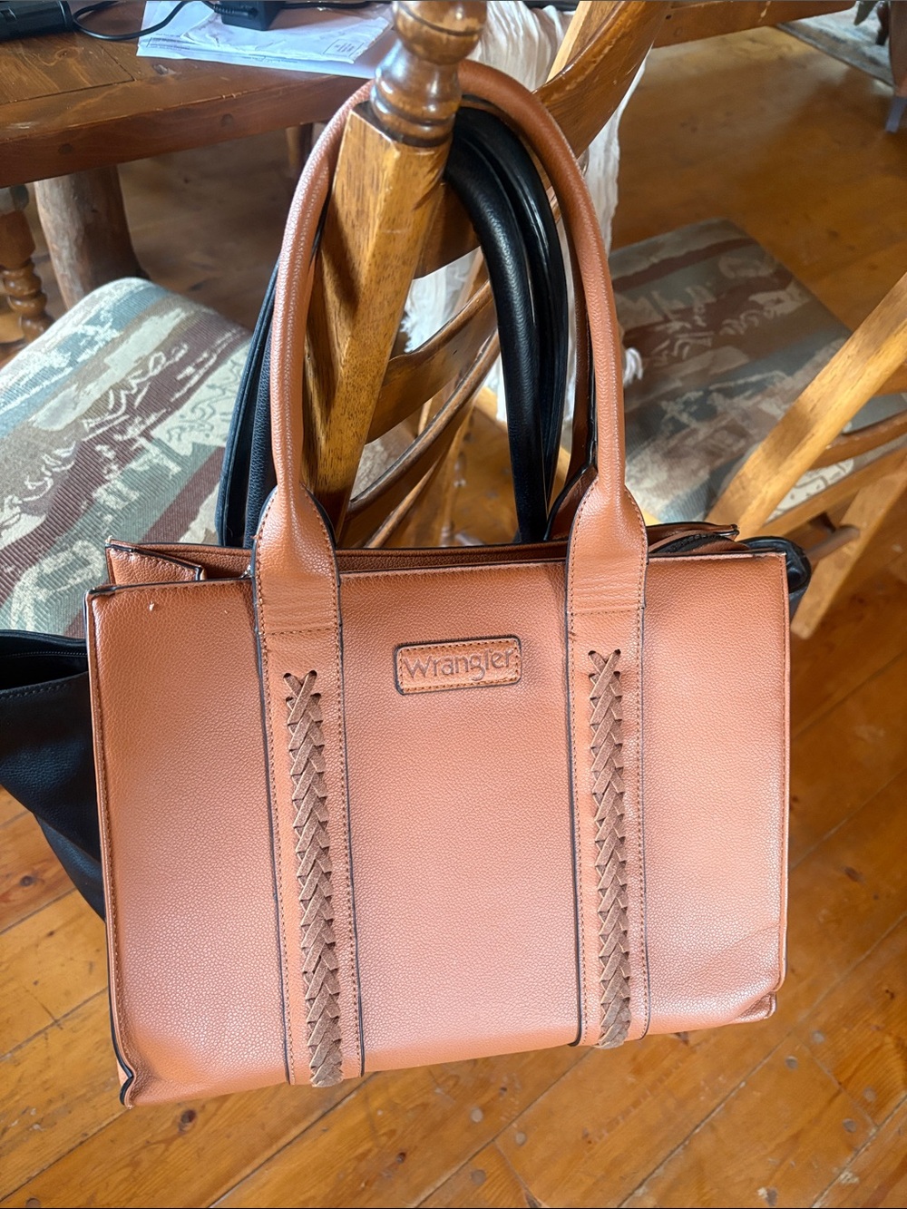 Wrangler Cognac Leather-Style Tote with Braided Accents